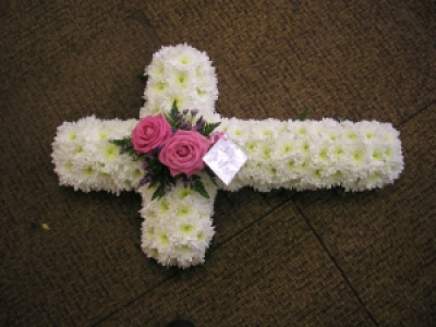 white cross - 3ft, 4ft,5ft white based heart of chrysanthemums with a top spray (colour choice available for top spray)